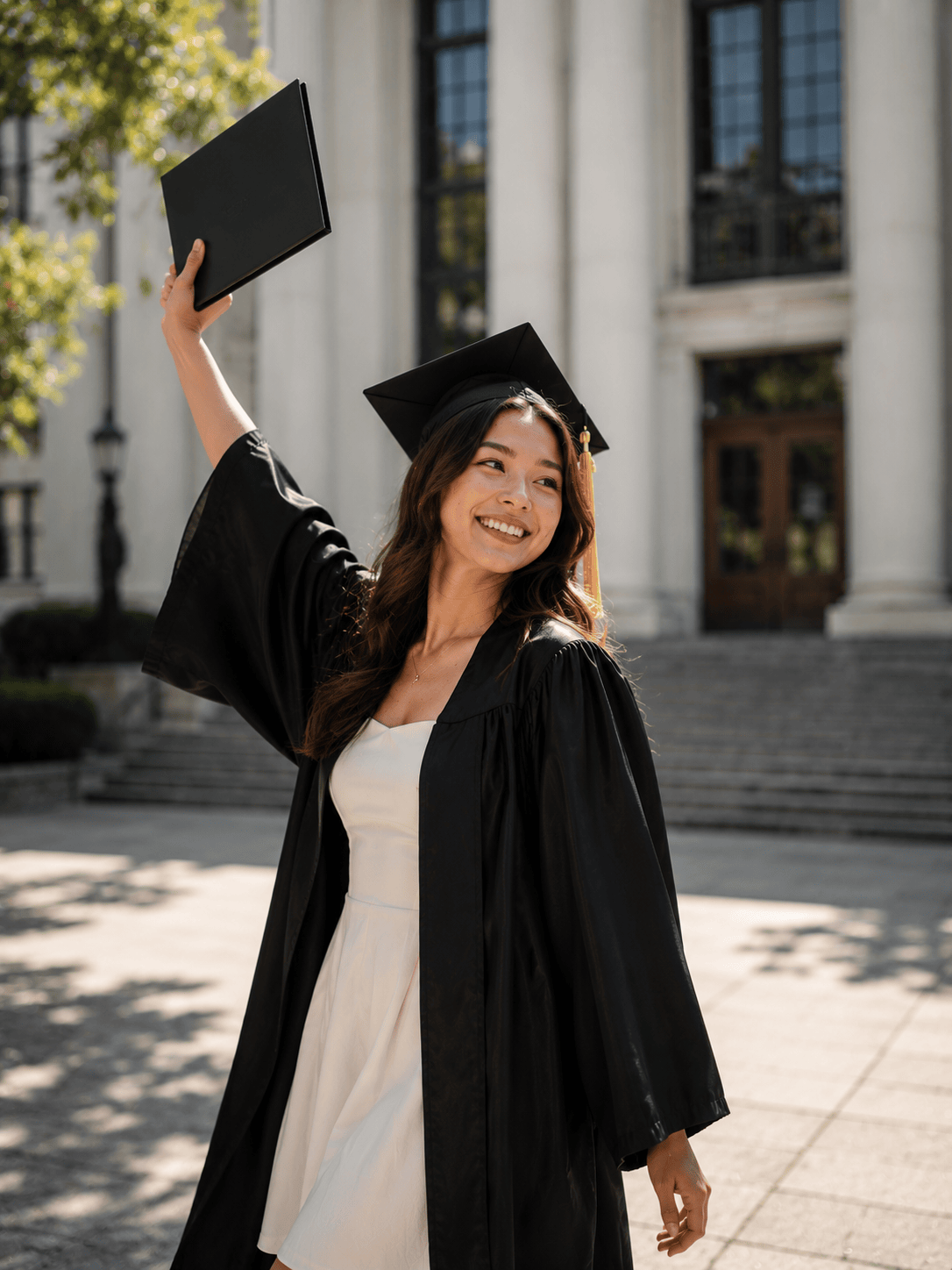 Graduation portrait outside a campus building