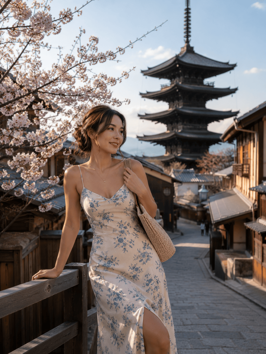 Travel portrait beside a temple